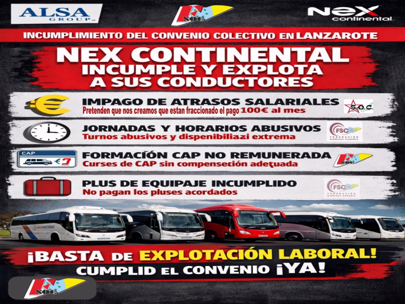 FSOC Lanzarote denuncia a Nex Continental, del Grupo ALSA por graves incumplimientos del convenio colectivo.