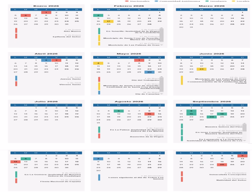 Calendario laboral en Las Palmas de 2026
