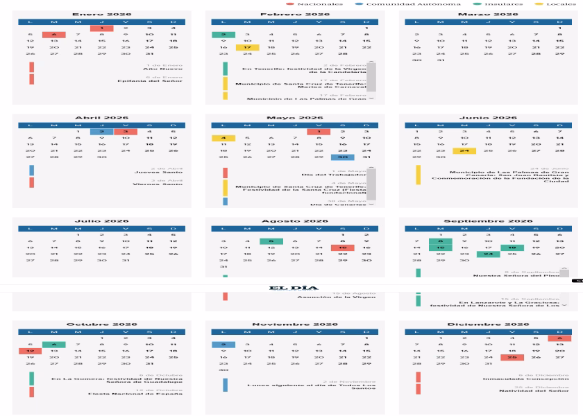 Calendario laboral en Tenerife de 2026