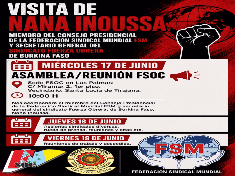 FSOC recibe a Nana Inoussa, dirigente de la Federación Sindical Mundial (FSM) y líder sindical de la Fuerza Obrera de Burkina Faso FSOC recibe a Nana Inoussa, dirigente de la Federación Sindical Mundial (FSM) y líder sindical de la Fuerza Obrera de Burkina Faso