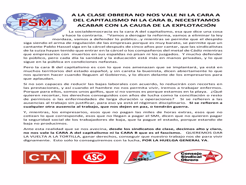 COMUNICADO DE LOS SINDICATOS DE CLASE, PERTENECIENTES A LA FEDERACIÓN SINDICAL MUNDIAL